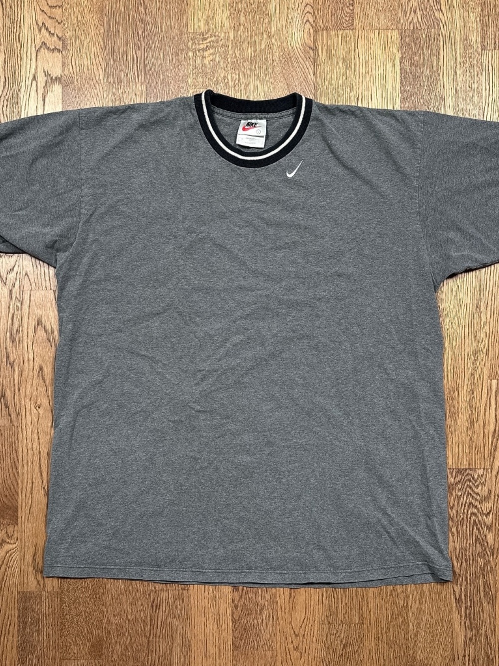 Vintage 90s Nike Made in USA Embroidered Swoosh Check Gray Ringer T Shirt Mens L